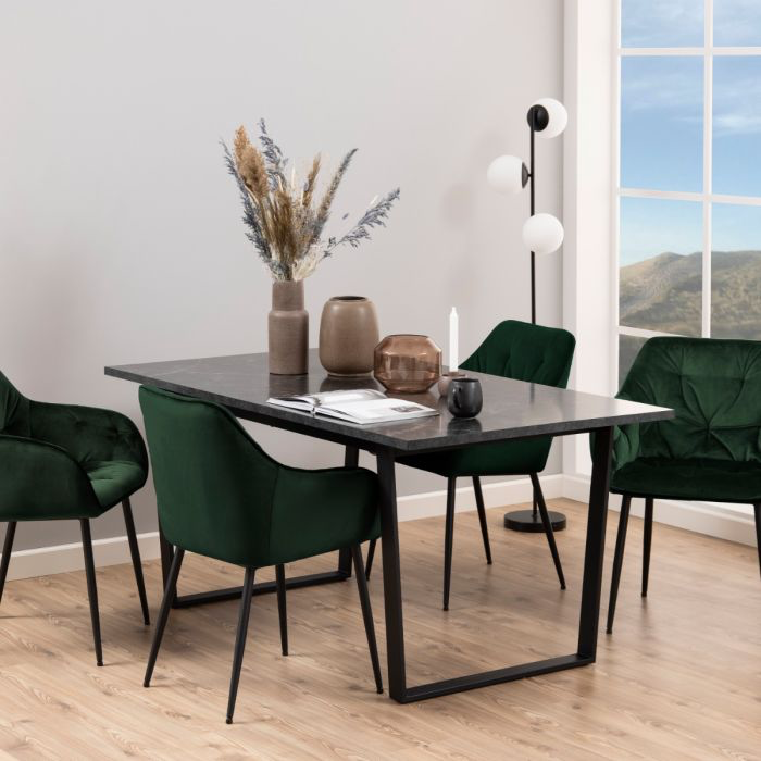 Amble Dining Table with Black Marble Melamine Top & Black Legs