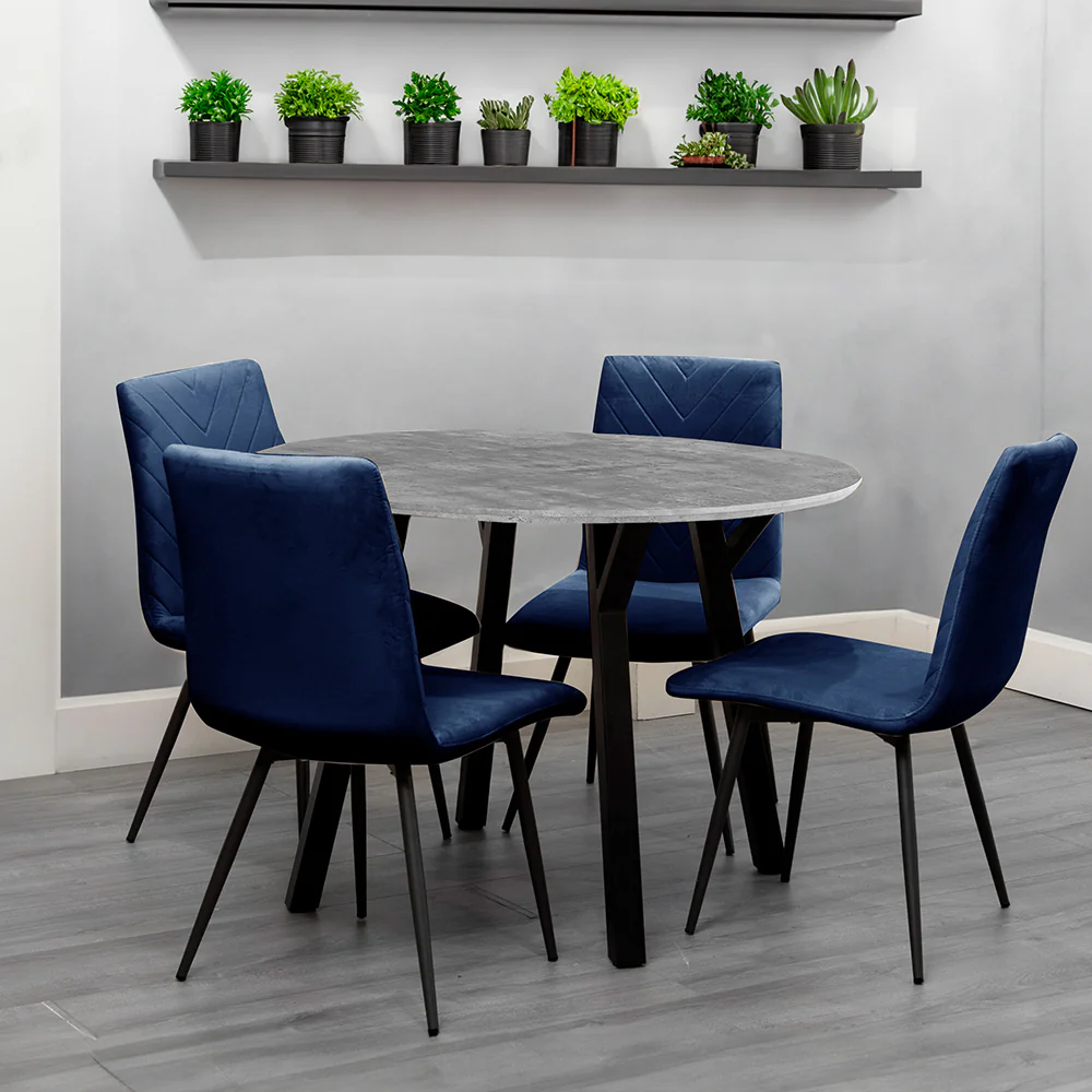 Concrete Dining Set With 4 Blue Chairs