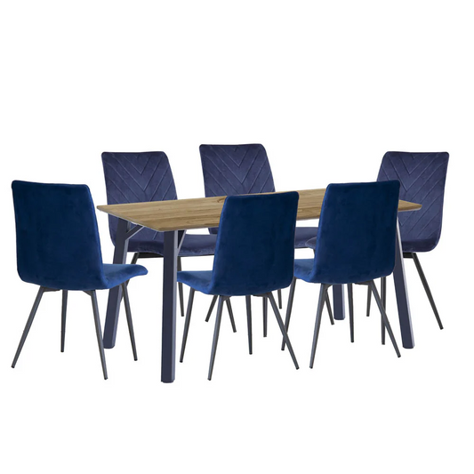 Oak Finish Table & 6 x Blue Chairs