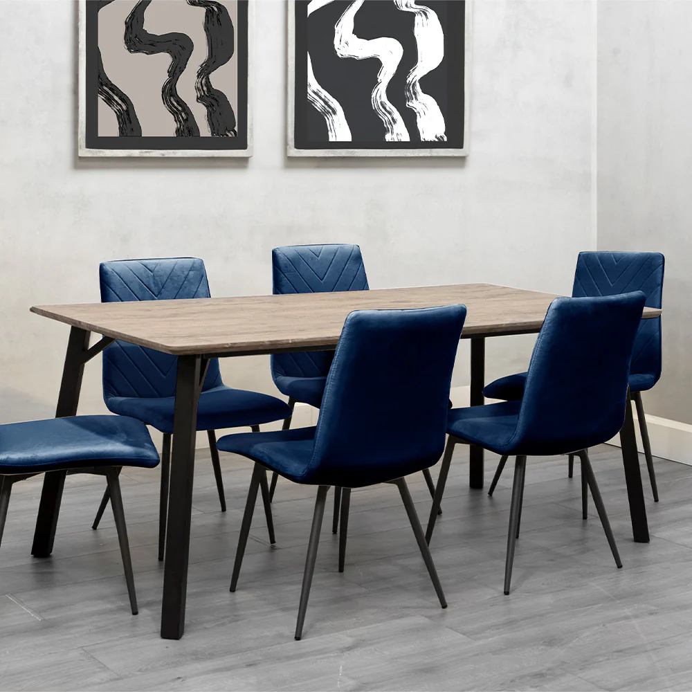 Oak Finish Table & 6 x Blue Chairs