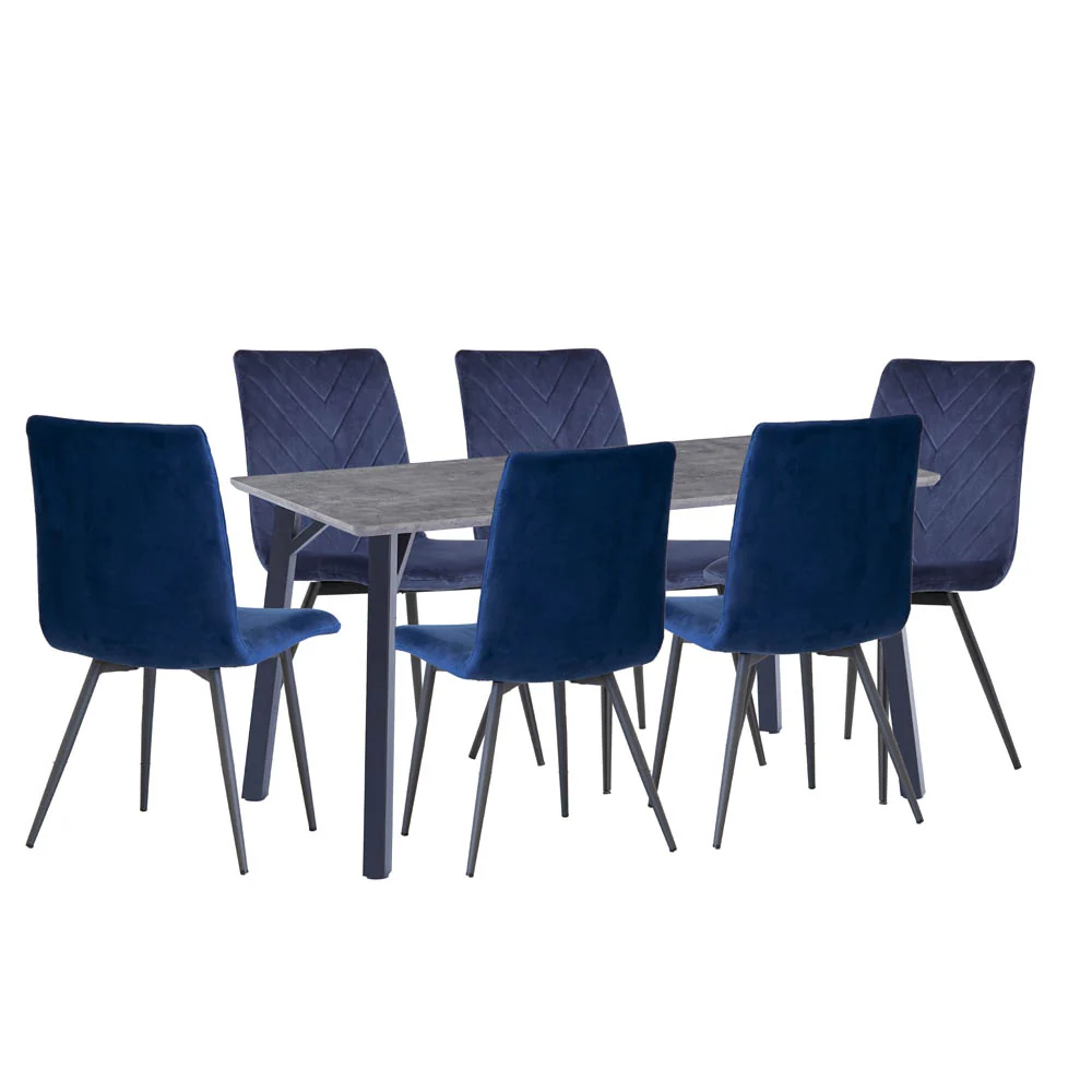 Concrete Table & 6 x Blue Chairs