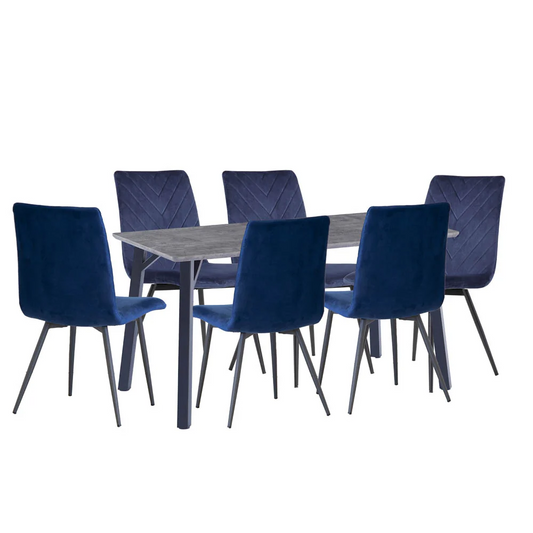 Concrete Table & 6 x Blue Chairs