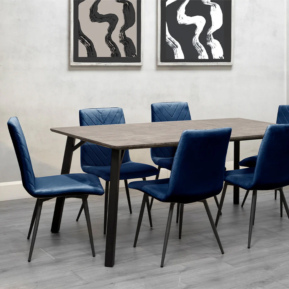 Concrete Table & 6 x Blue Chairs